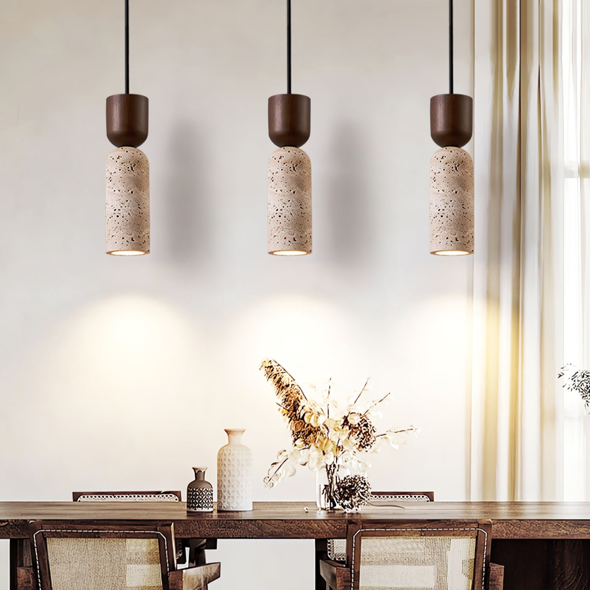 Velora Colonne Travertin Bois Suspension Lampe