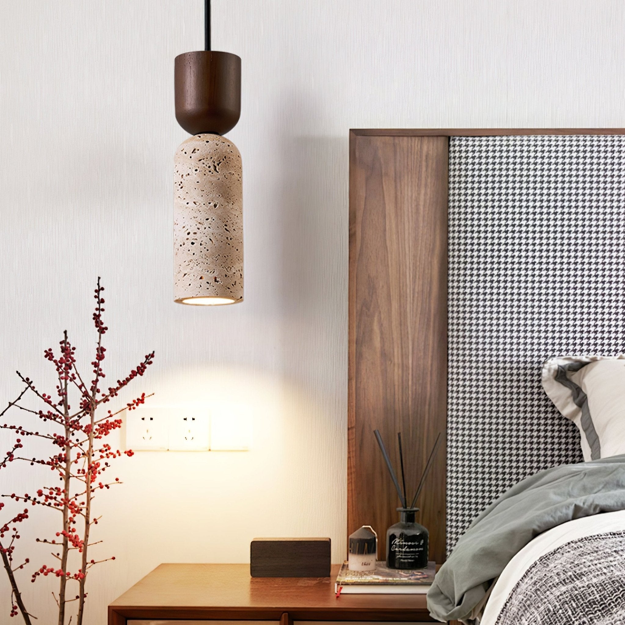 Velora Colonne Travertin Bois Suspension Lampe