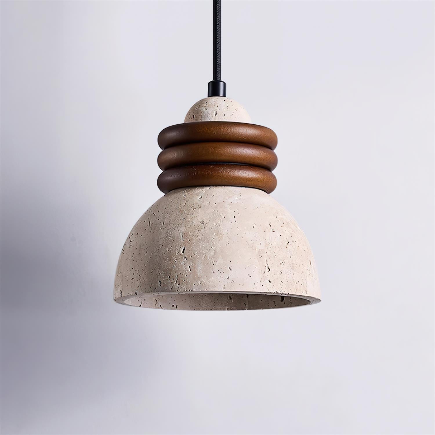 Pendant Lamp Travertine Dome Walnut Wood Rings Ambient Minimalist - Letslighting