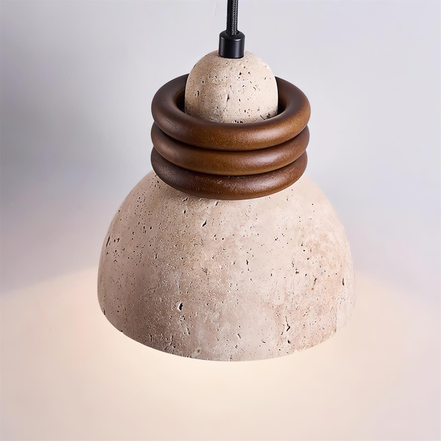 Pendant Lamp Travertine Dome Walnut Wood Rings Ambient Minimalist - Letslighting