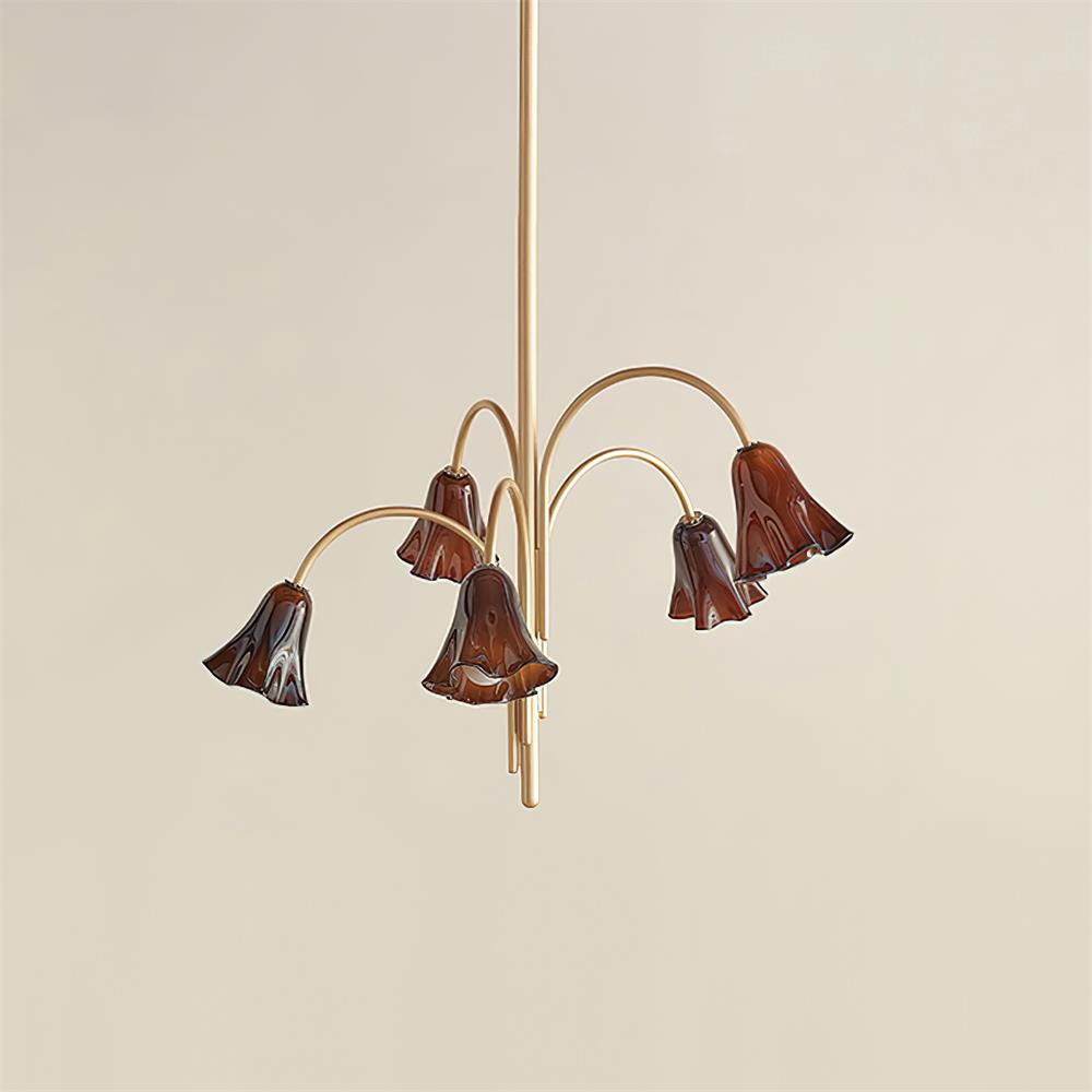 Chandelier Flower-Shaped Glass Shades on Gold Arms for Dining - Letslighting