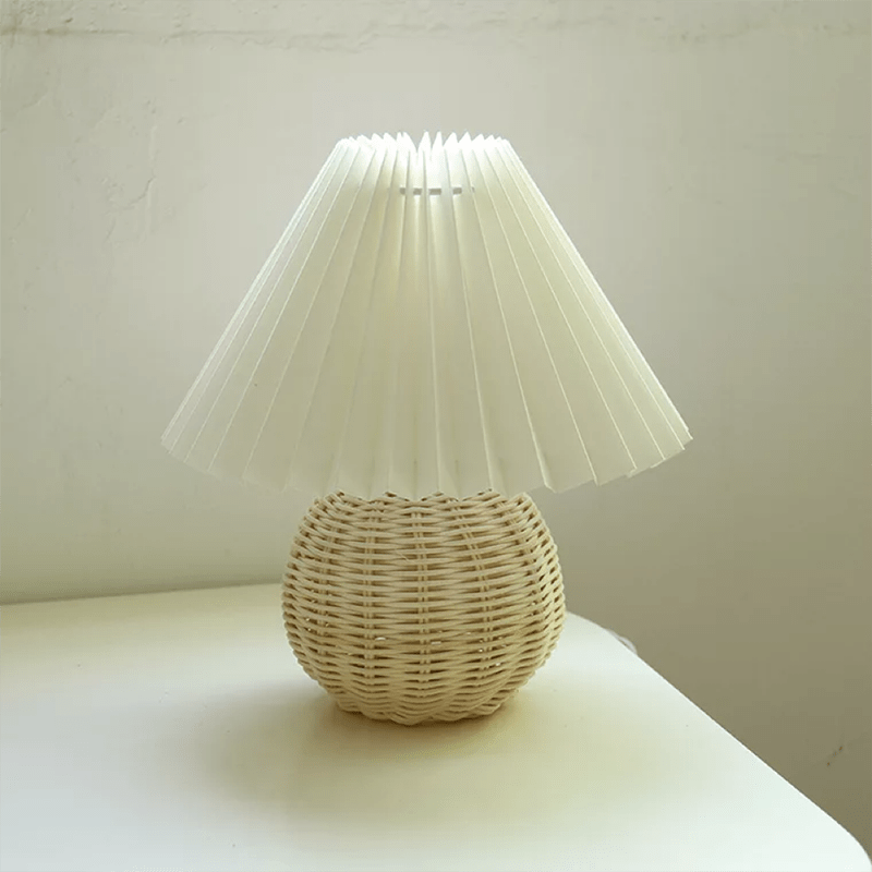 Muto Lampe de Table Vintage, Céramique/Rotin/Bois/Tissu, Blanc/Beige, Chambre