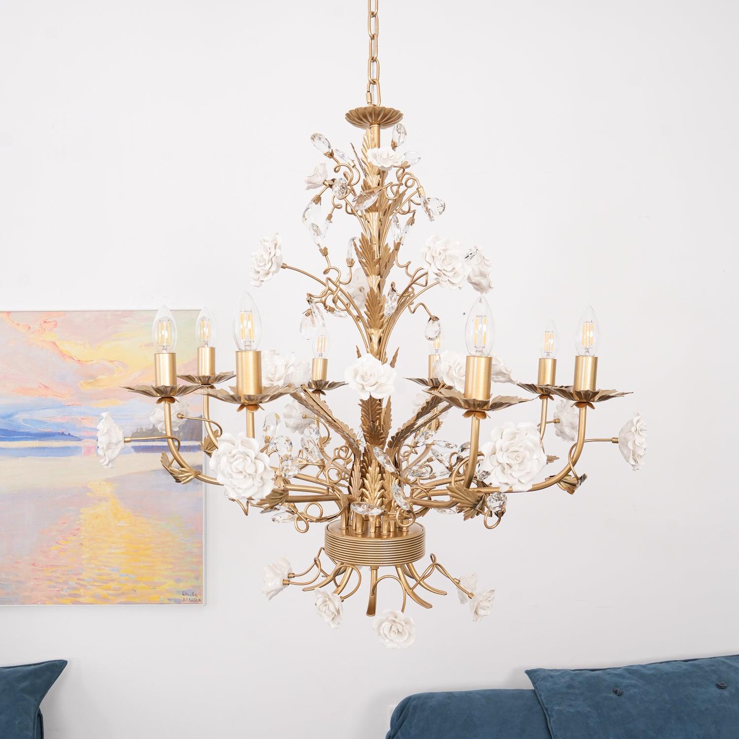 Chandelier Ornate Frame Porcelain Roses Crystal Classic Luxury - Letslighting