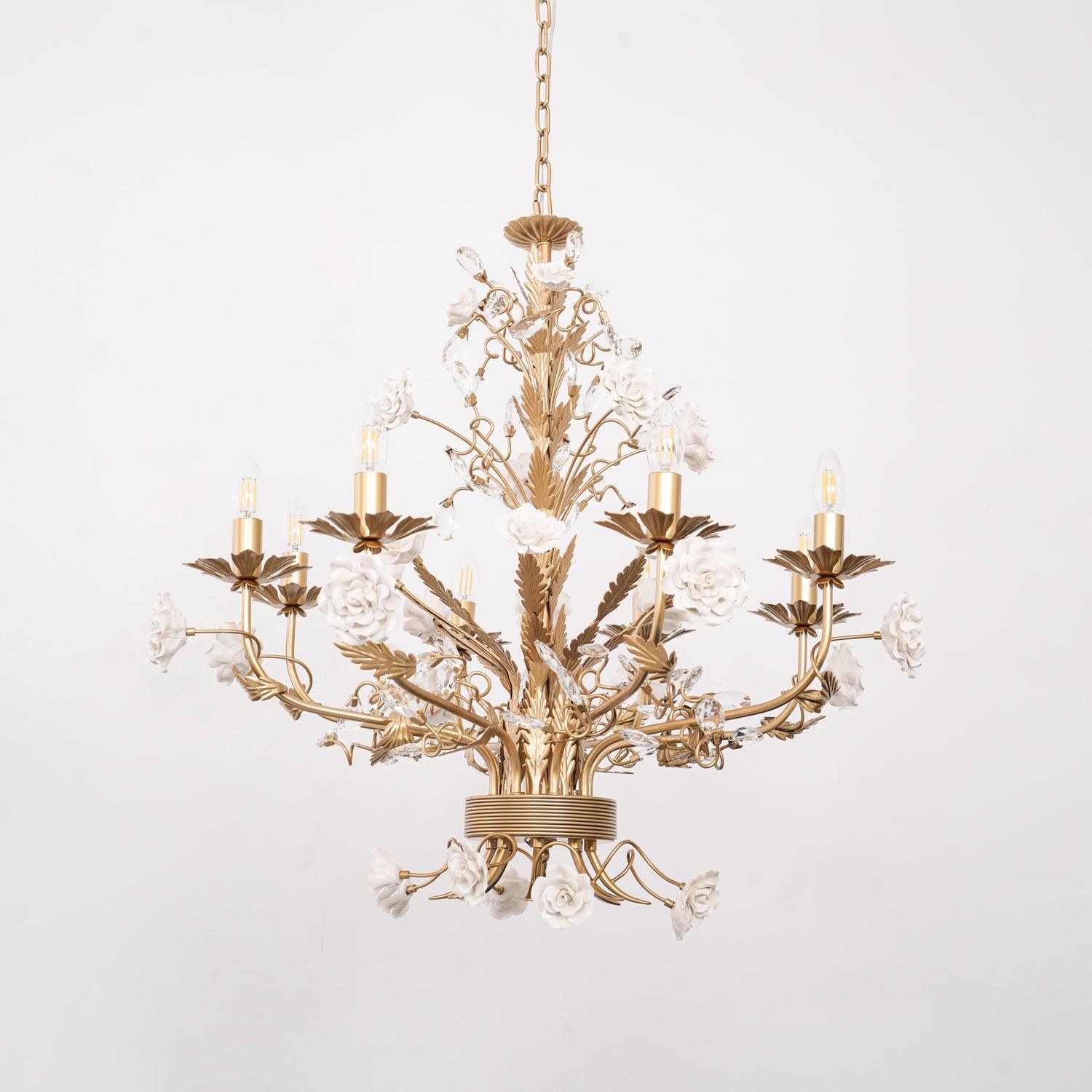 Chandelier Ornate Frame Porcelain Roses Crystal Classic Luxury - Letslighting