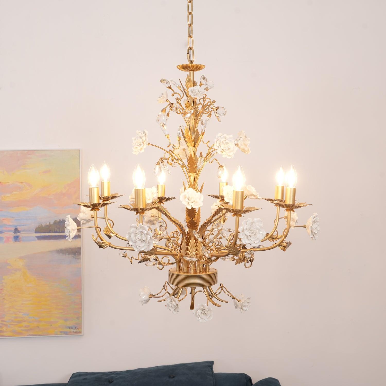Chandelier Ornate Frame Porcelain Roses Crystal Classic Luxury - Letslighting