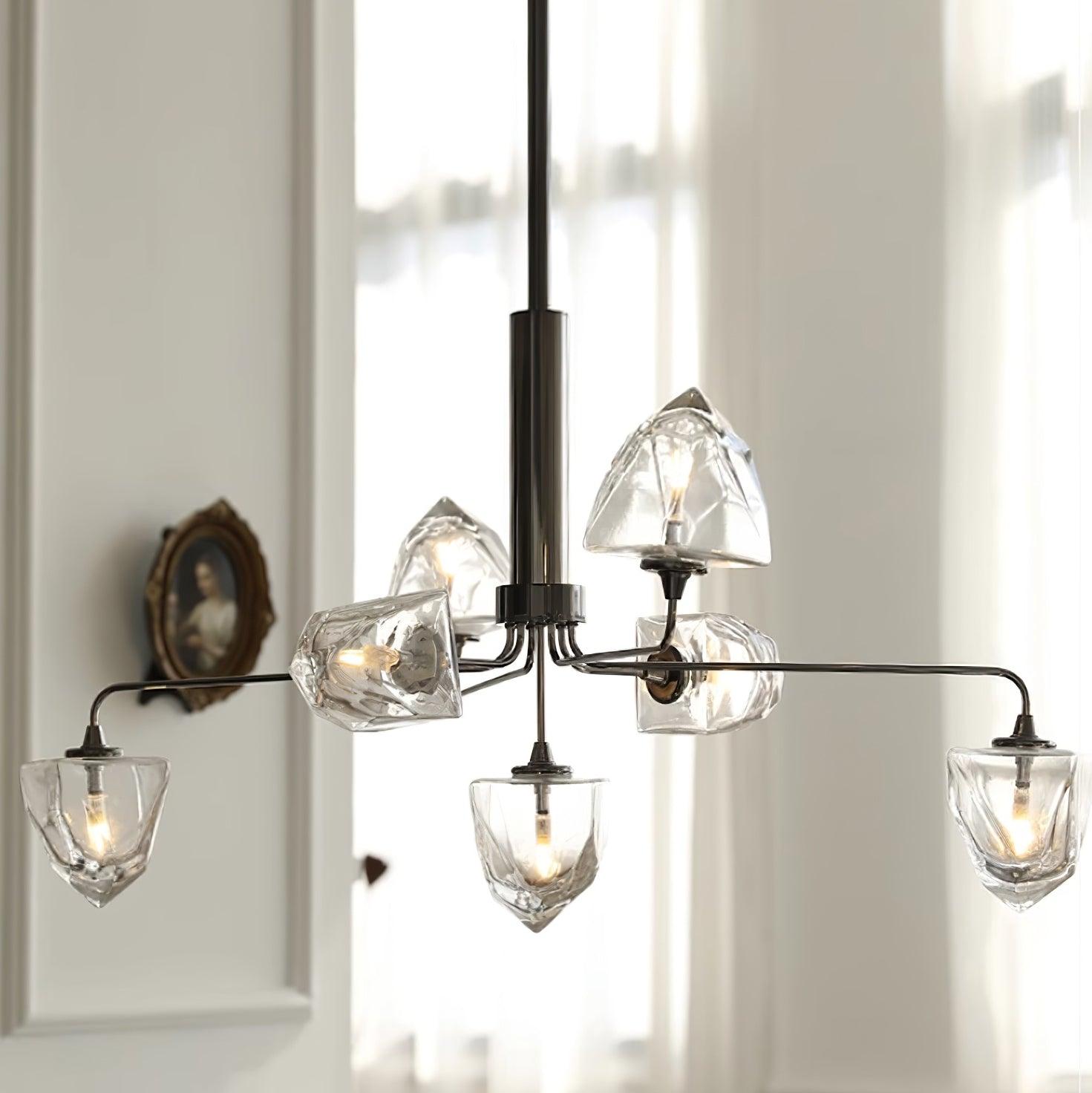 Zevin Chandelier Faceted Glass Shades Brass Arms Artisanal - Letslighting