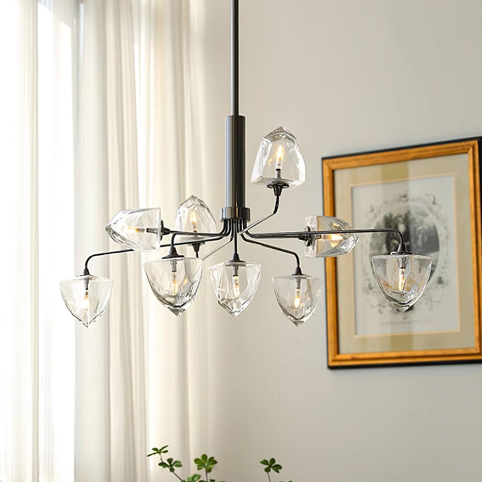 Zevin Chandelier Faceted Glass Shades Brass Arms Artisanal - Letslighting