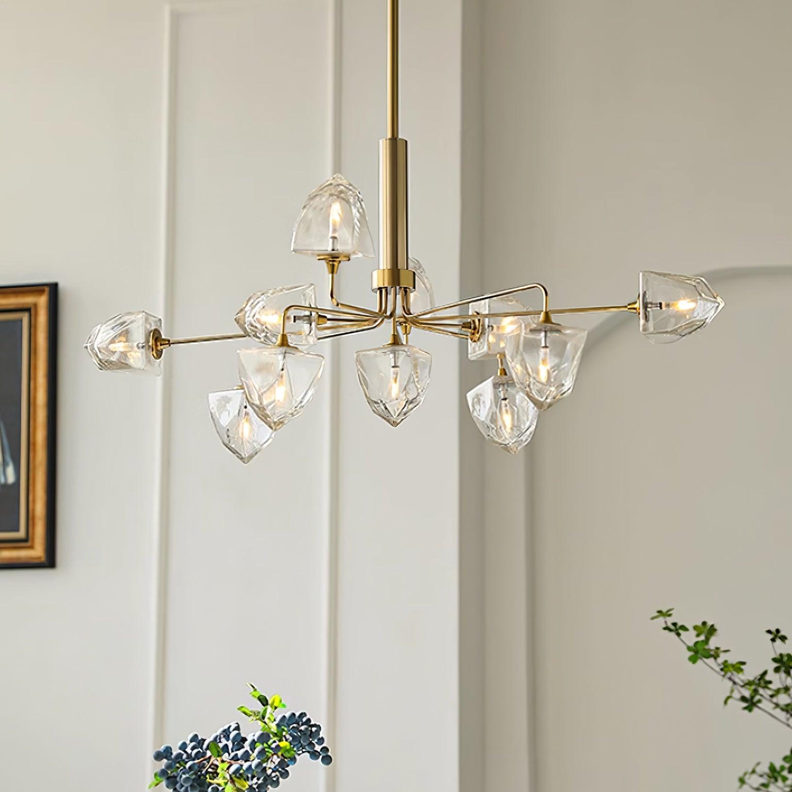 Zevin Chandelier Faceted Glass Shades Brass Arms Artisanal - Letslighting