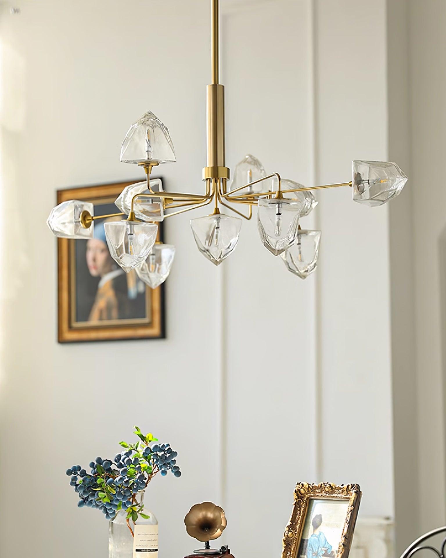 Zevin Chandelier Faceted Glass Shades Brass Arms Artisanal - Letslighting