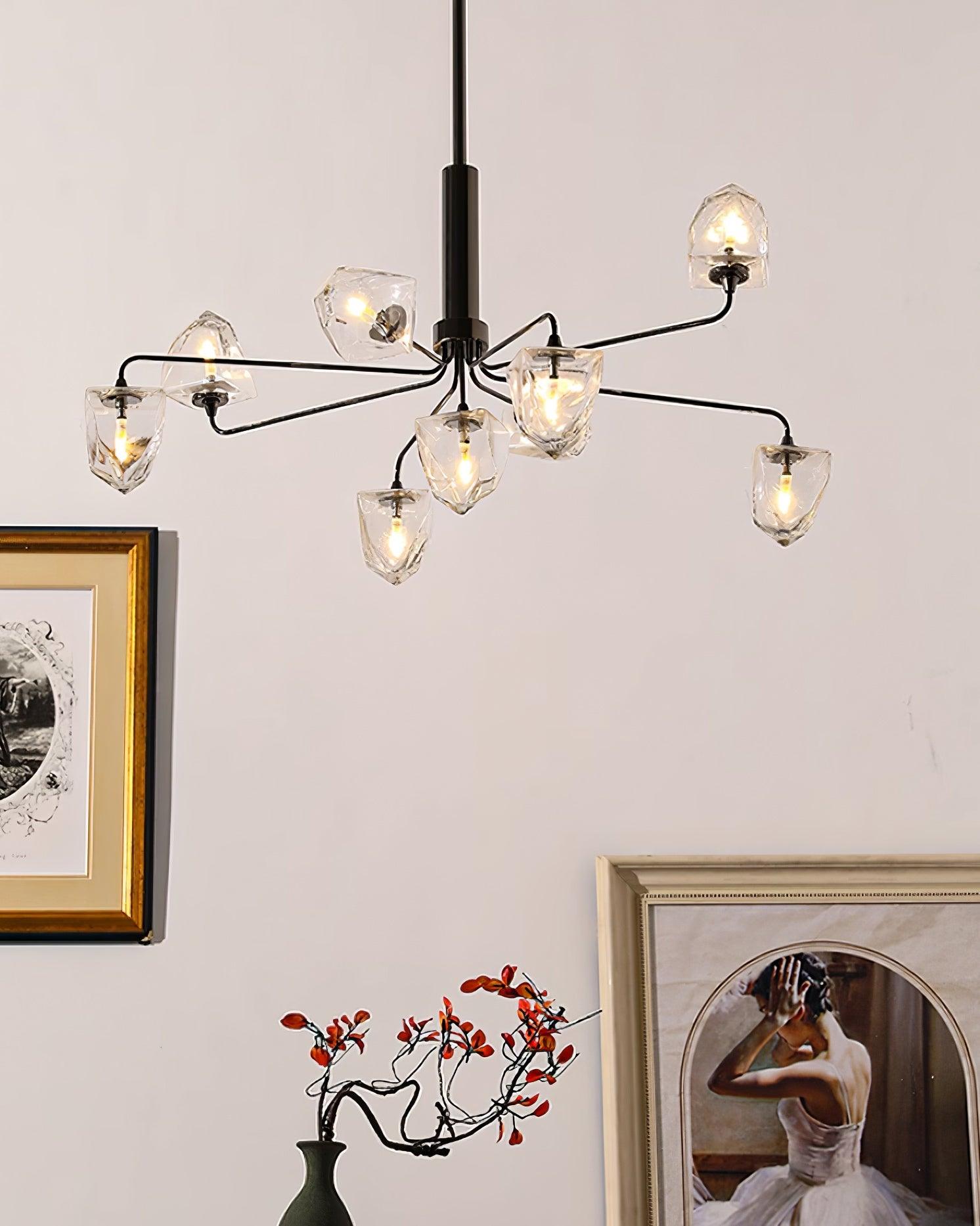Zevin Chandelier Faceted Glass Shades Brass Arms Artisanal - Letslighting