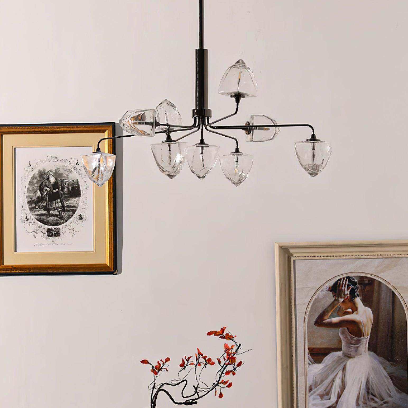 Zevin Chandelier Faceted Glass Shades Brass Arms Artisanal - Letslighting