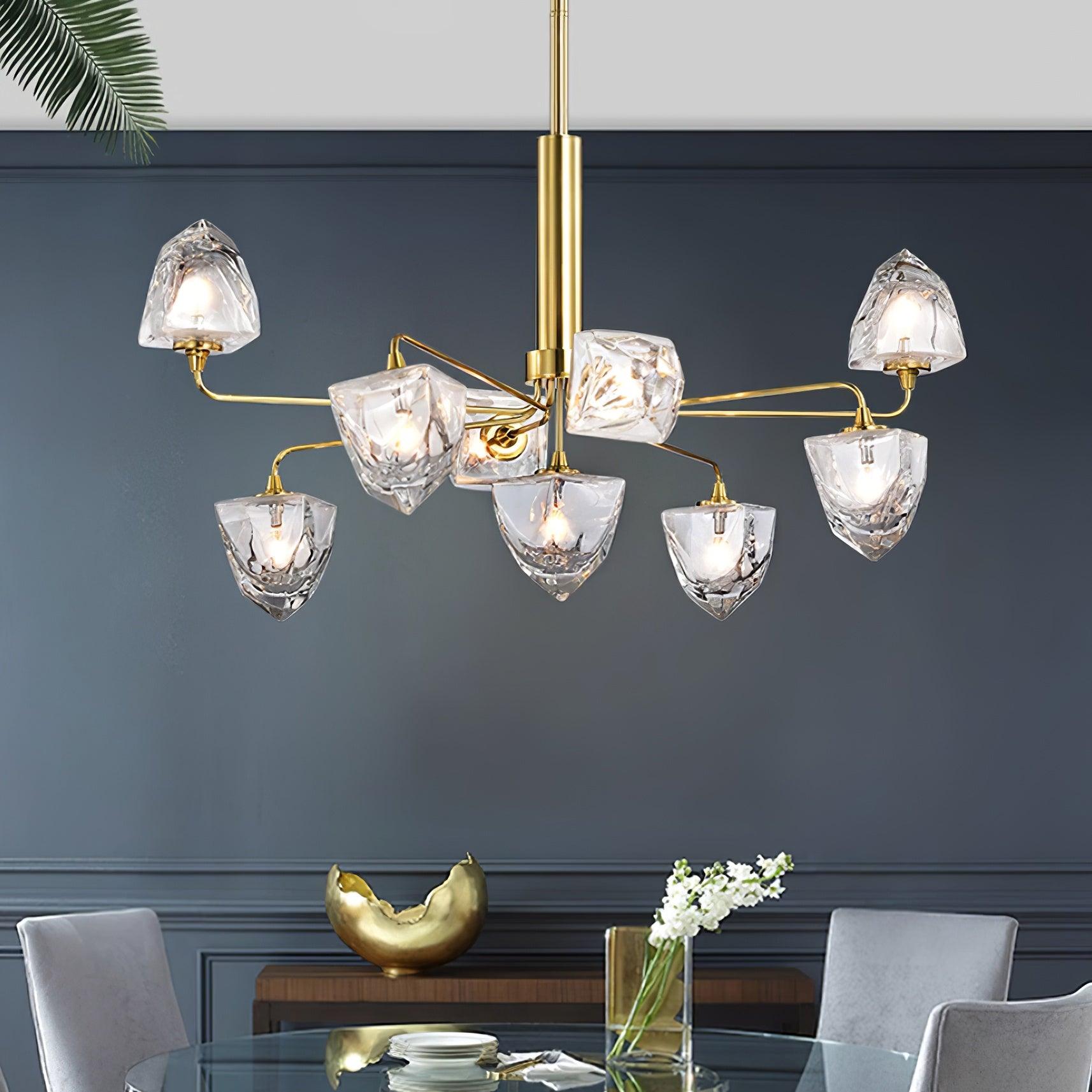 Zevin Chandelier Faceted Glass Shades Brass Arms Artisanal - Letslighting