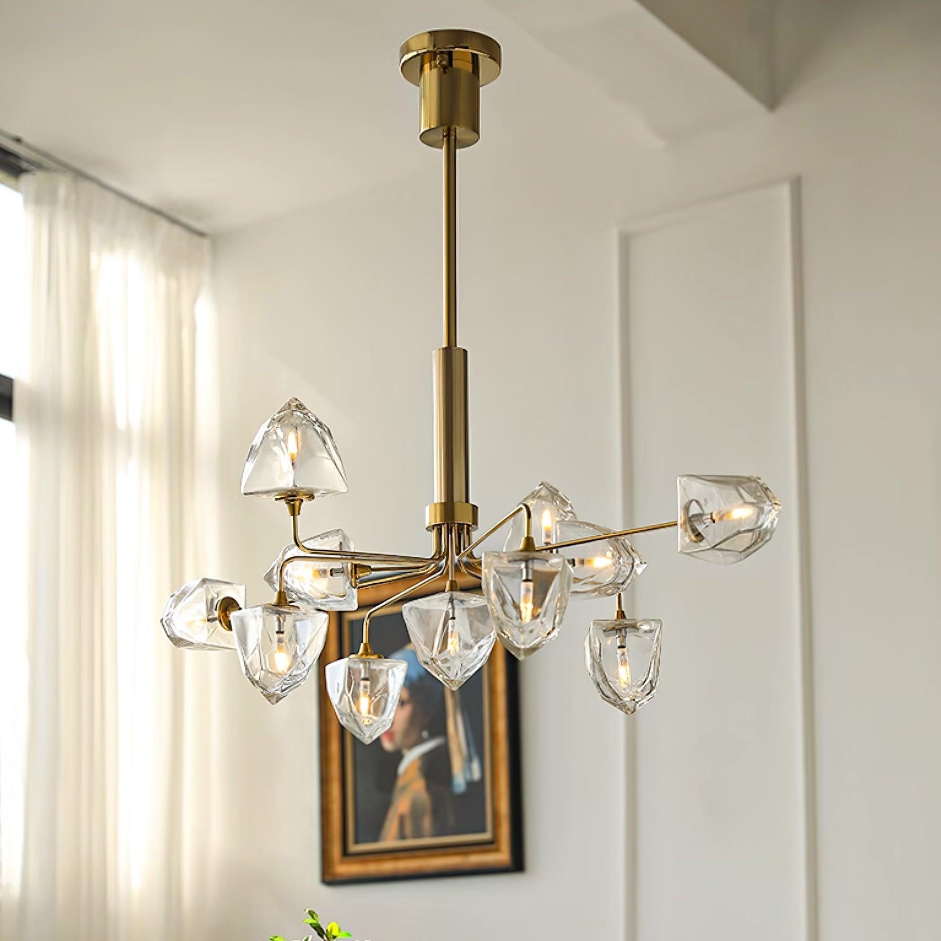 Zevin Chandelier Faceted Glass Shades Brass Arms Artisanal - Letslighting