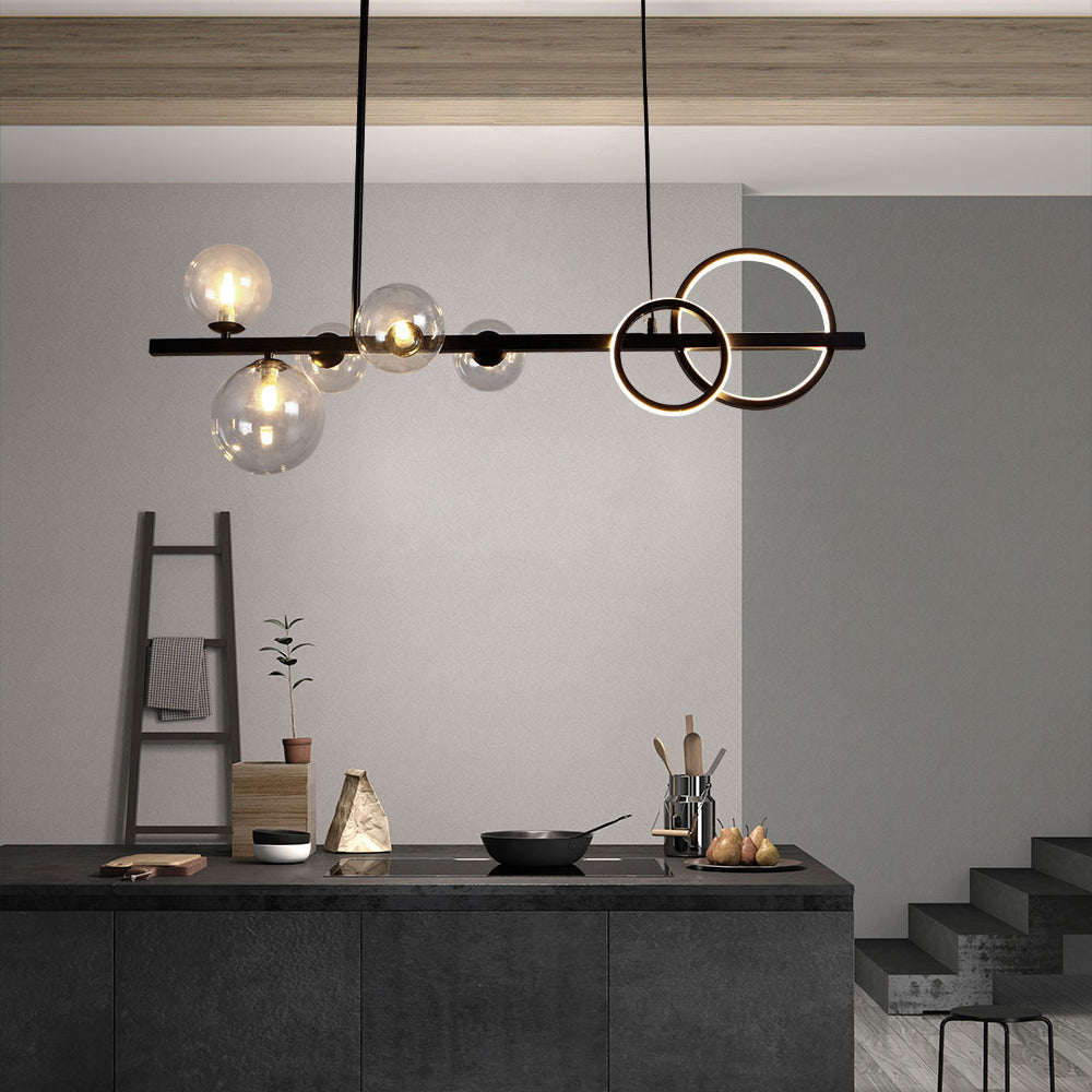 Valentina Suspension Anneau/Ronde Moderne, Métal/Verre, Noir/Doré, Salon
