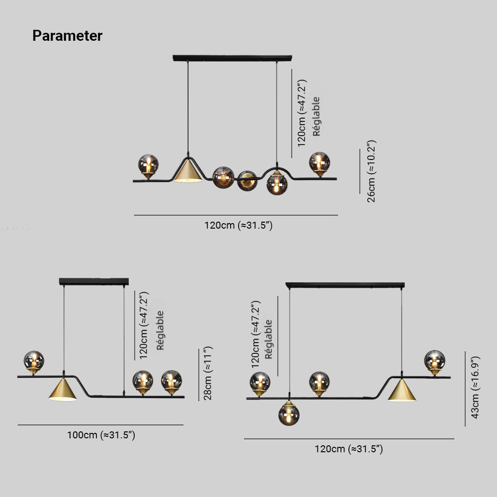 Ray Moderne LED Suspension Noir/Or Verre Salon/Chambre à Coucher