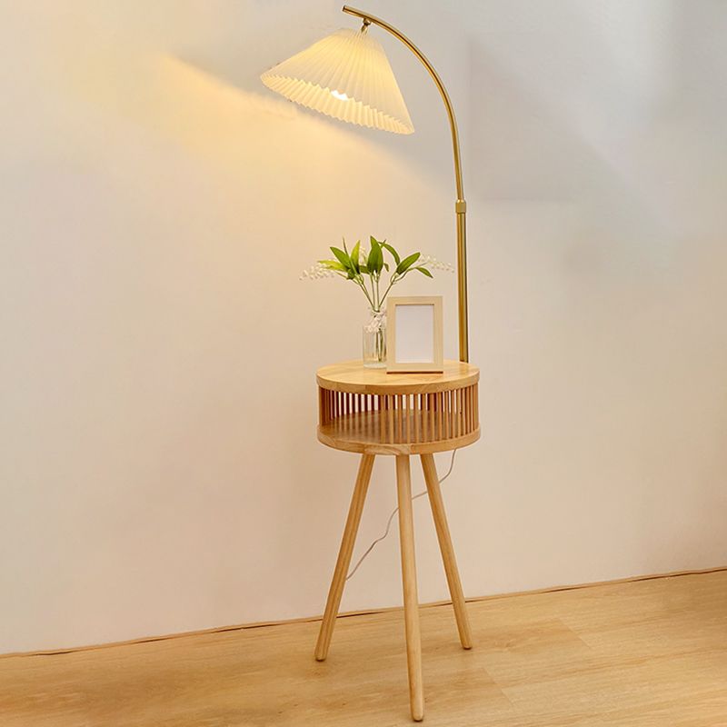 Muto Lampadaire Plissé Vintage, Métal/Tissu, Bois/Noyer, Salon