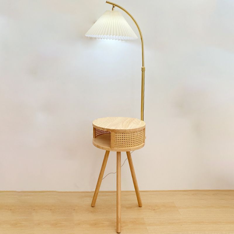 Muto Lampadaire Plissé Vintage, Métal/Tissu, Bois/Noyer, Salon