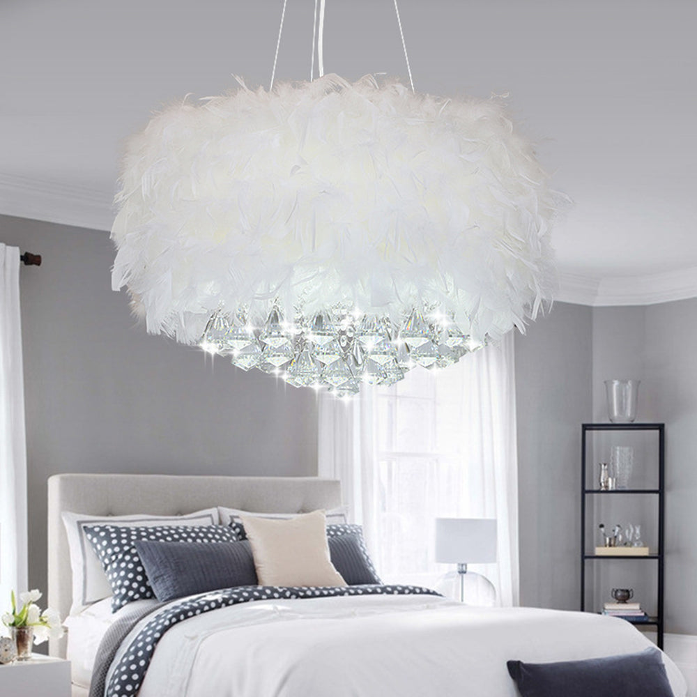 O'Moore Suspension Tambour Magnifique, Métal/Plume/Cristal, Blanc, Chambre à Coucher/Salon