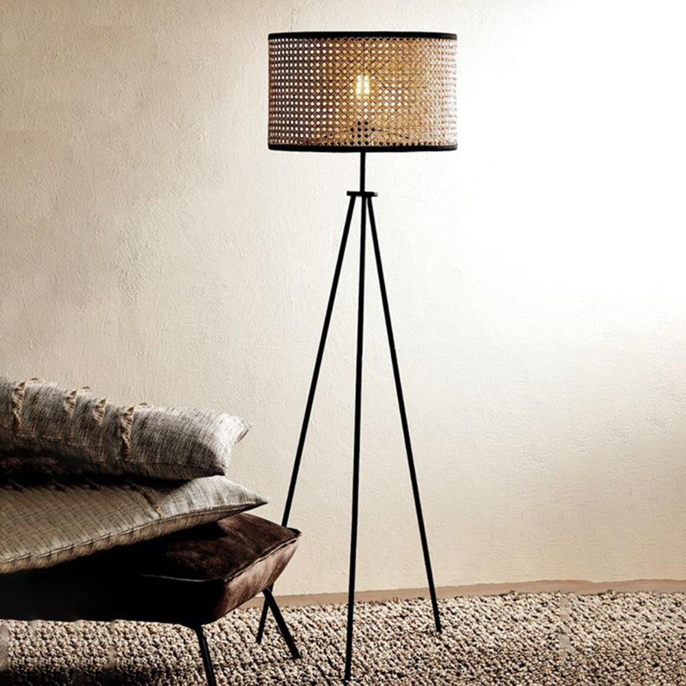 Ritta Lampadaire Trépied Moderne, Métal/Rotin, Bois, Salon