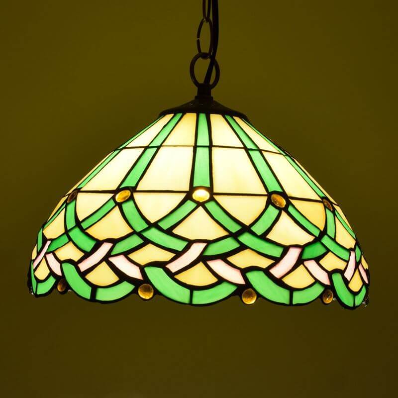 Tiffany Vintage Ligne Gemmes Cône Suspension Verre Métal Salon