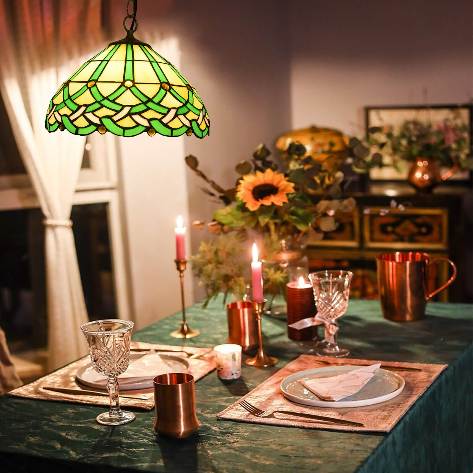 Tiffany Vintage Ligne Gemmes Cône Suspension Verre Métal Salon