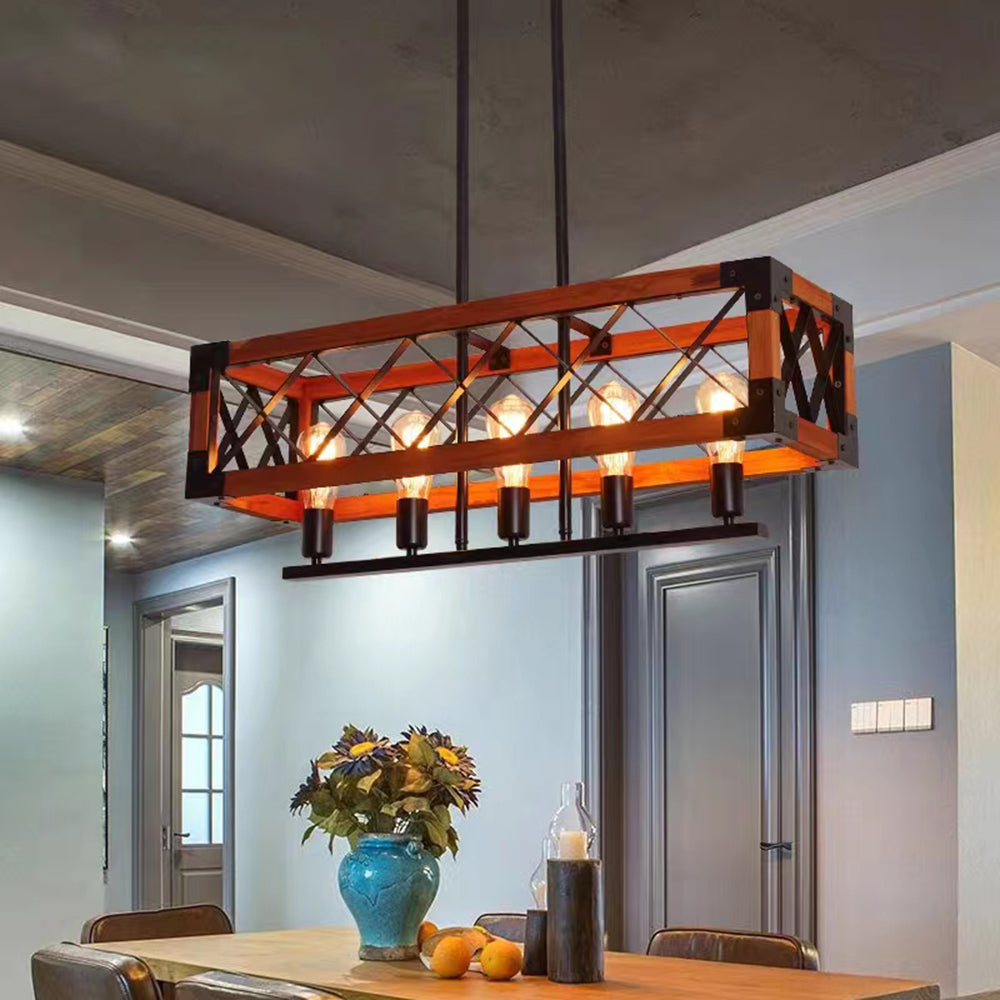 Silva Luminaires Suspensions Cage Industrielle Design Métal Bois Marron Salon/Cuisine/Bar