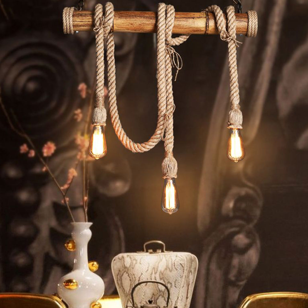 Silva Luminaires Suspensions Vintage LED Bambou/Métal Marron Salon/Chambre à Coucher