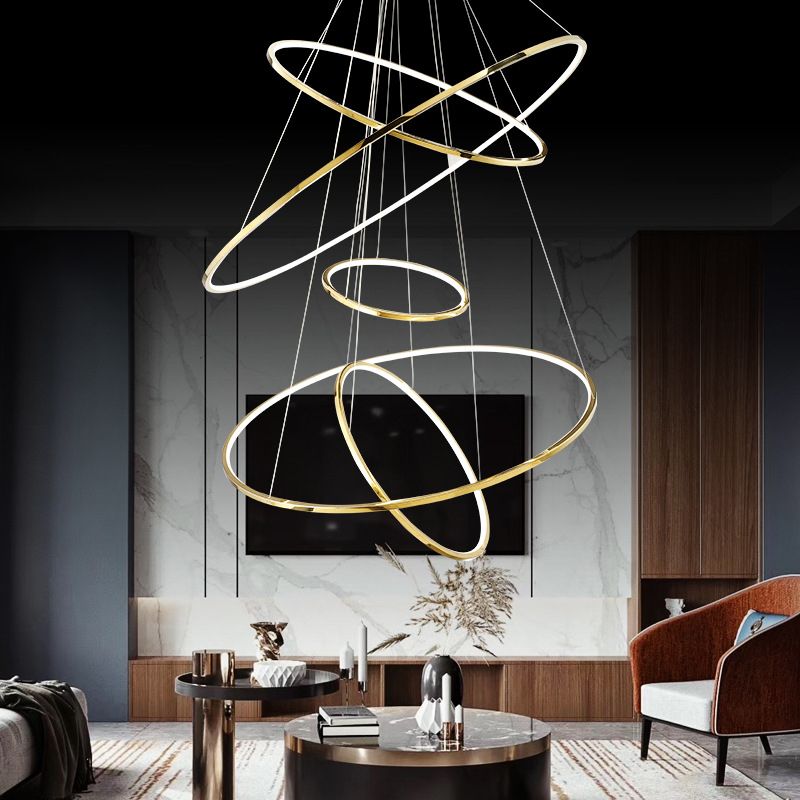 Arisha Grande Design LED Luminaires Suspensions Anneau Moderne Acrylique Doré Salon
