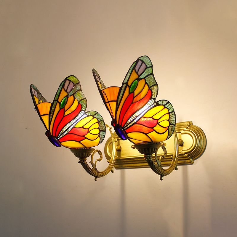 Arisha Applique Murale Papillon Tiffany, Métal/Verre, Bleu/Rouge/Multi-Couleurs/Bleu Clair