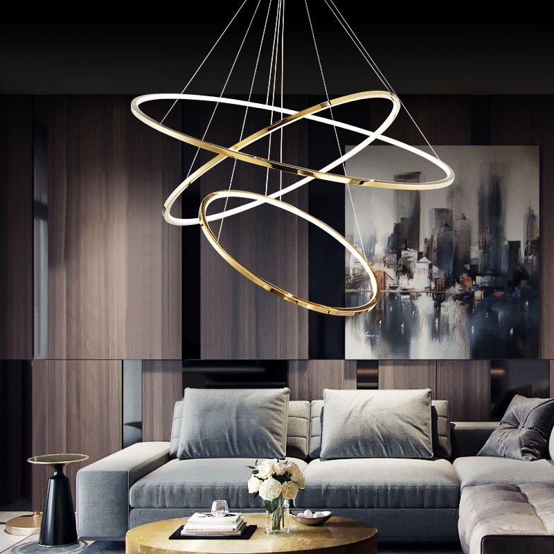 Arisha Grande Design LED Luminaires Suspensions Anneau Moderne Acrylique Doré Salon