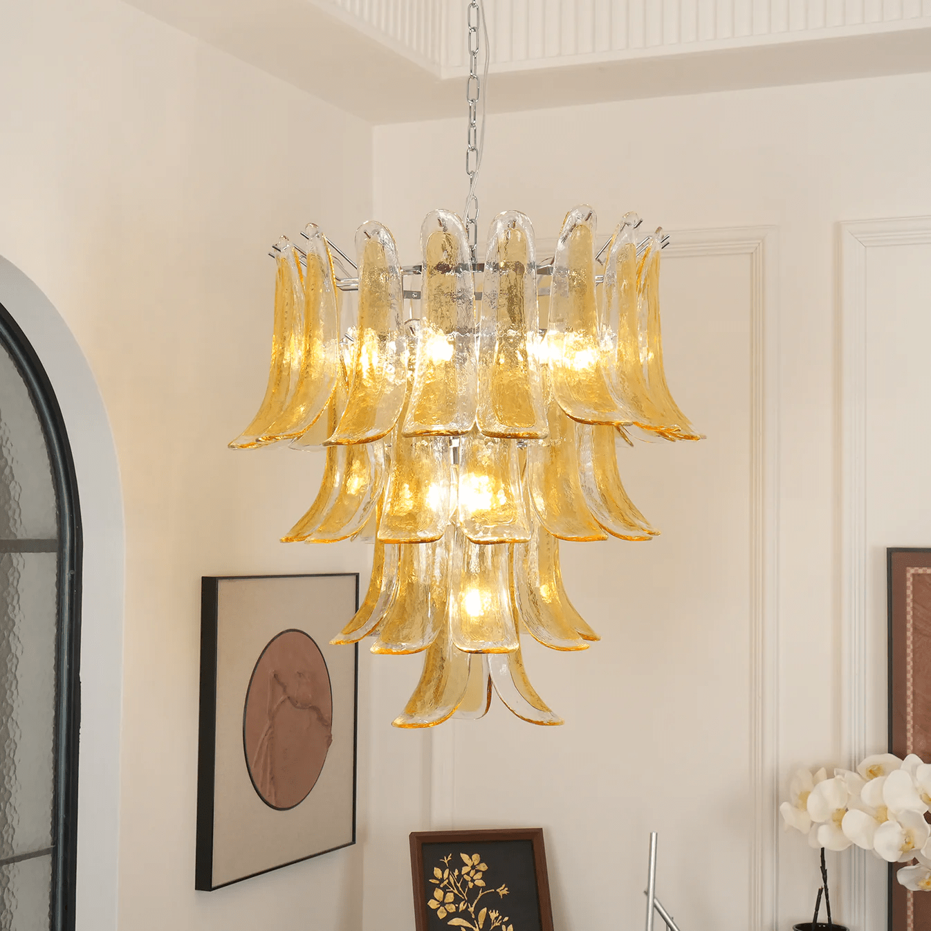 Aurora Chandelier Amber Lily Murano Glass Layered Centerpiece - Letslighting