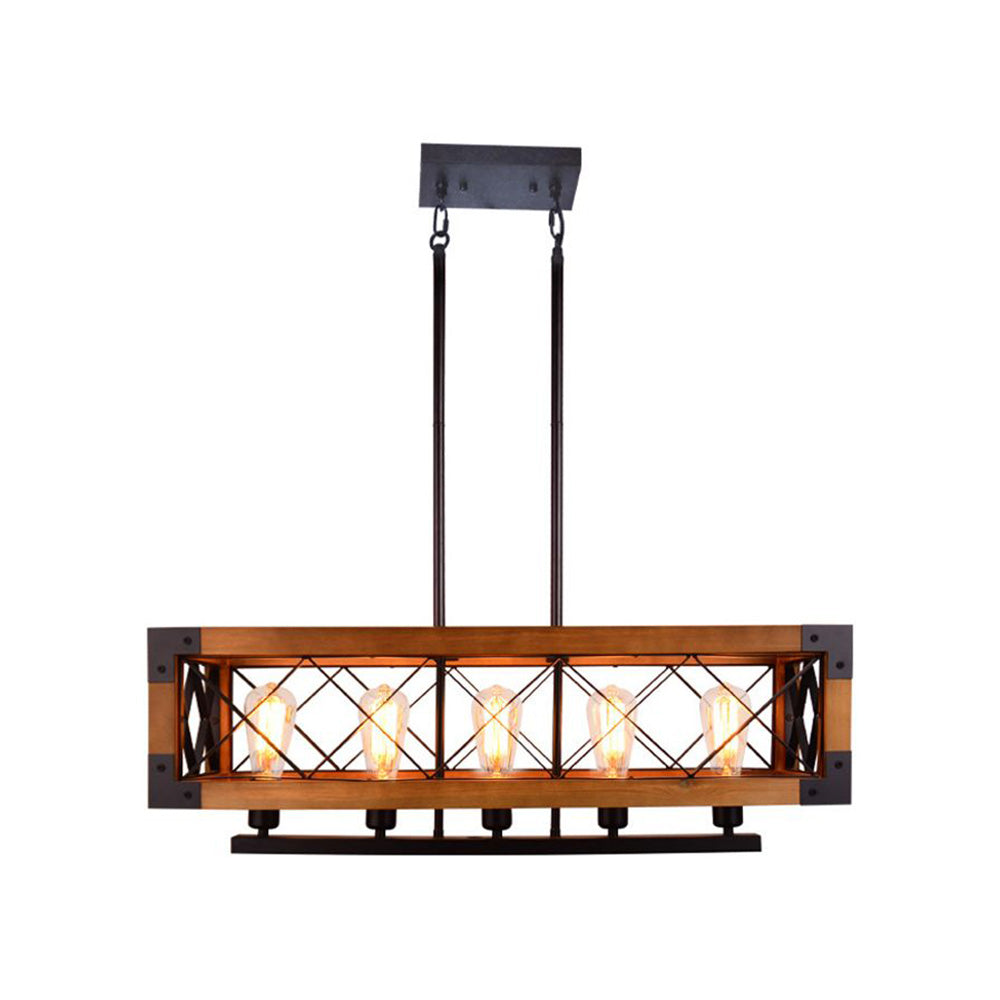 Silva Luminaires Suspensions Cage Industrielle Design Métal Bois Marron Salon/Cuisine/Bar