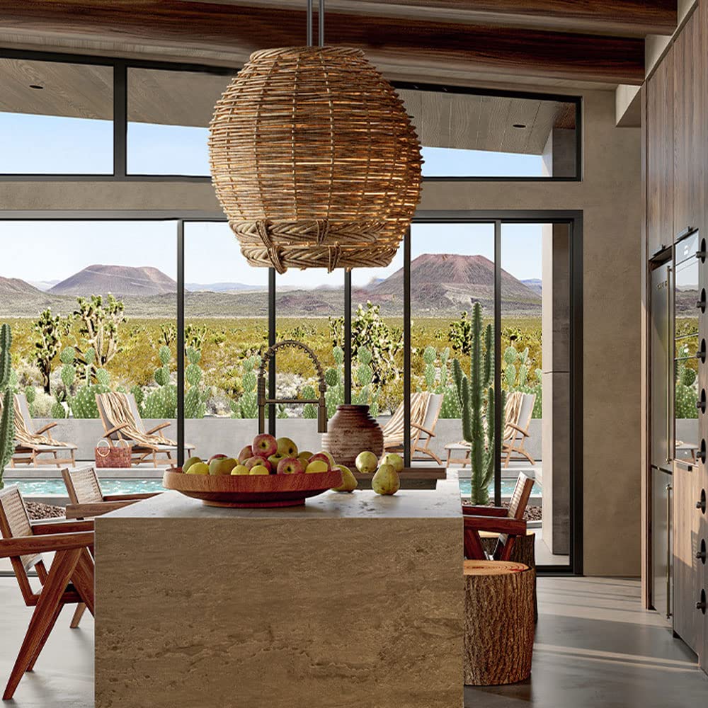 Ritta Suspension Luminaire LED Bois Rotin Salon/Salle à Manger