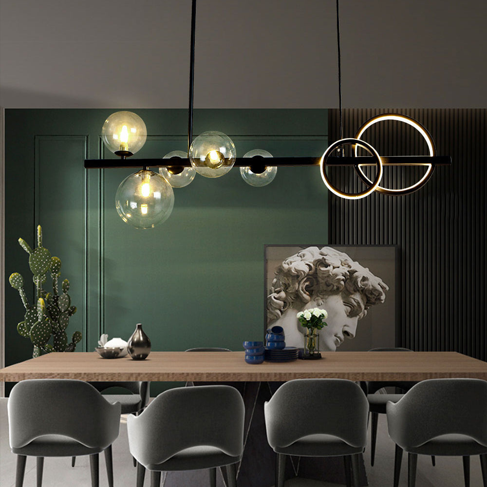 Valentina Suspension Anneau/Ronde Moderne, Métal/Verre, Noir/Doré, Salon