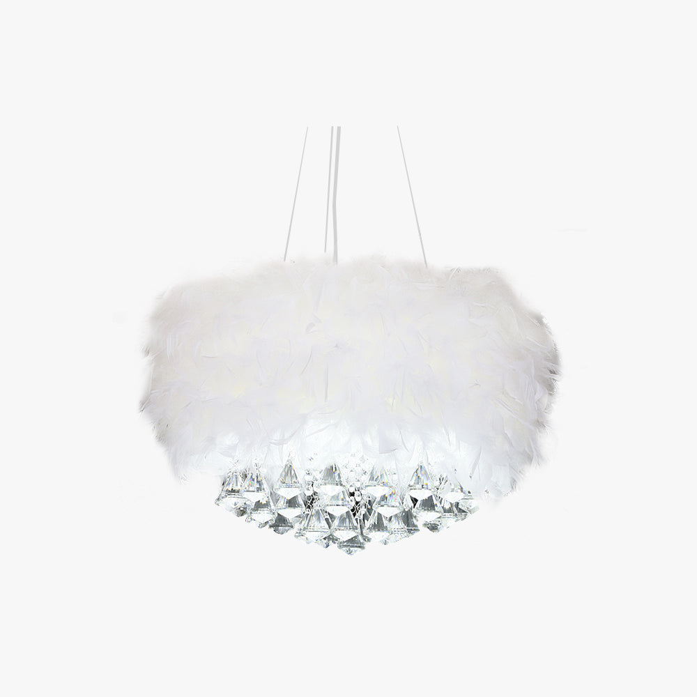 O'Moore Suspension Tambour Magnifique, Métal/Plume/Cristal, Blanc, Chambre à Coucher/Salon