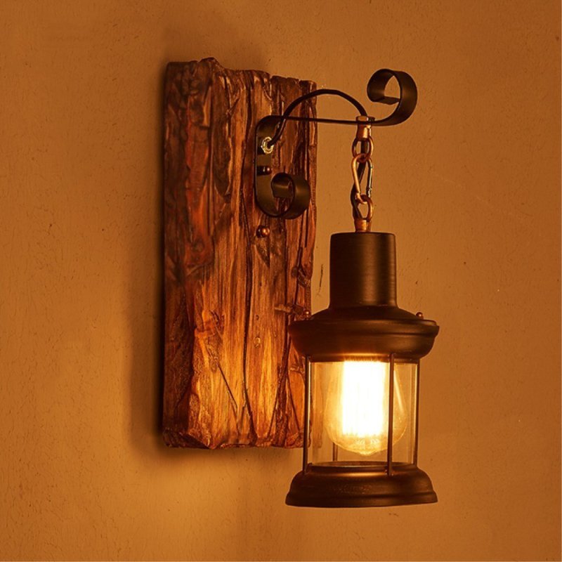 Silva Applique Murale Lanterne Industrielle/Rétro, Métal/Bois, Bronze, Salon