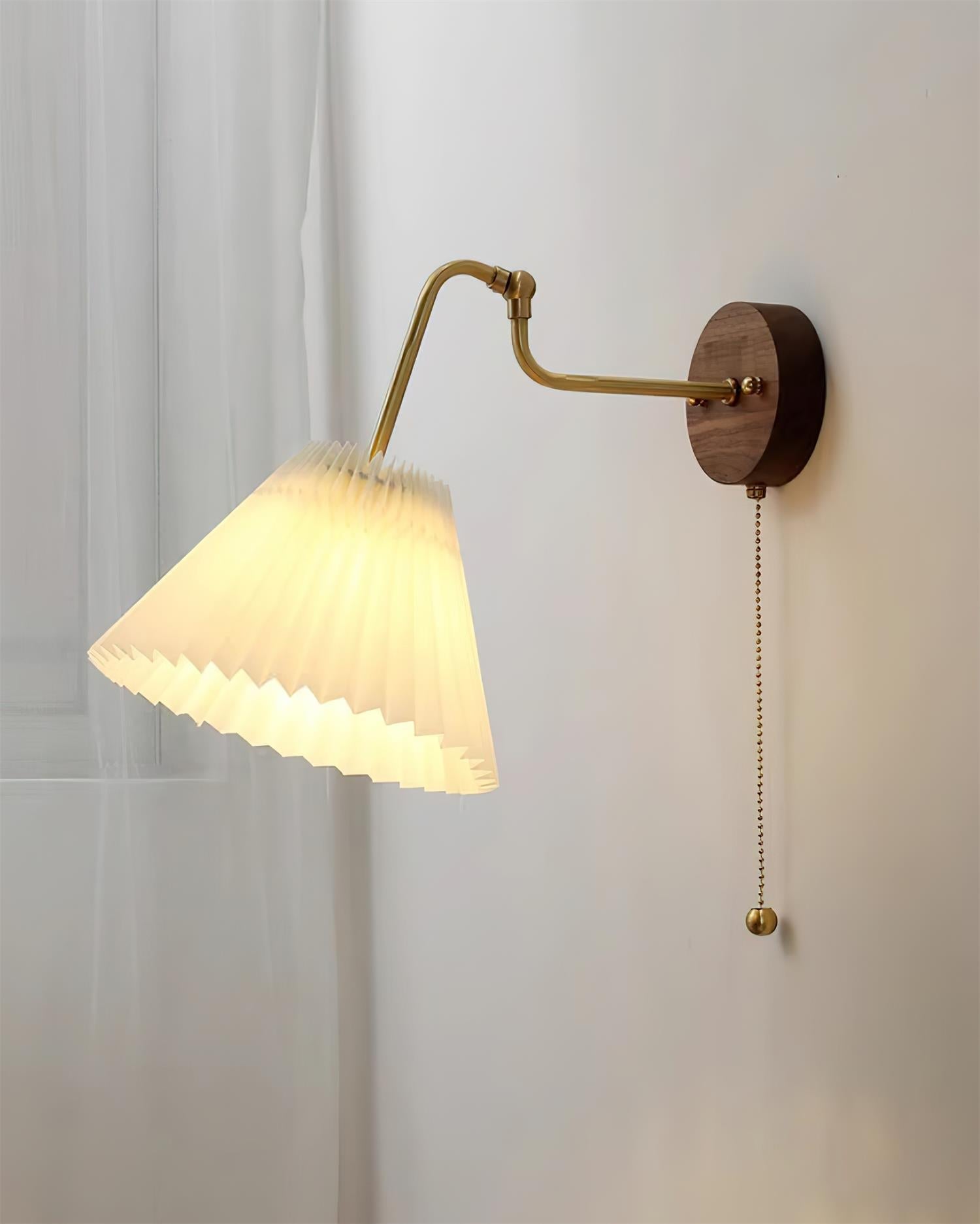 Vintage Brass & Walnut Wall Lamp with Pleated Fabric Shade - Letslighting