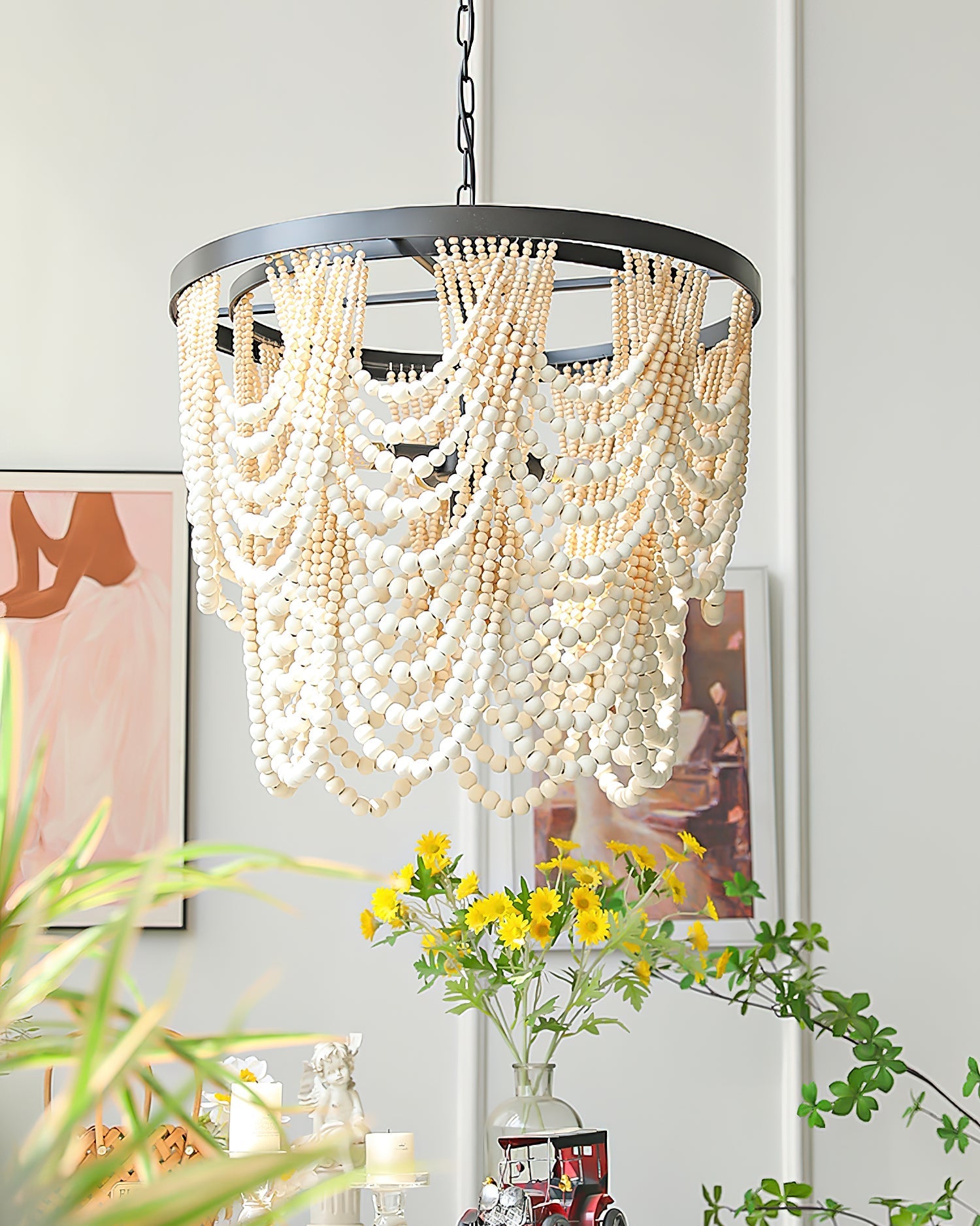 Amelia Chandelier Wood Bead Draped Rustic - Letslighting