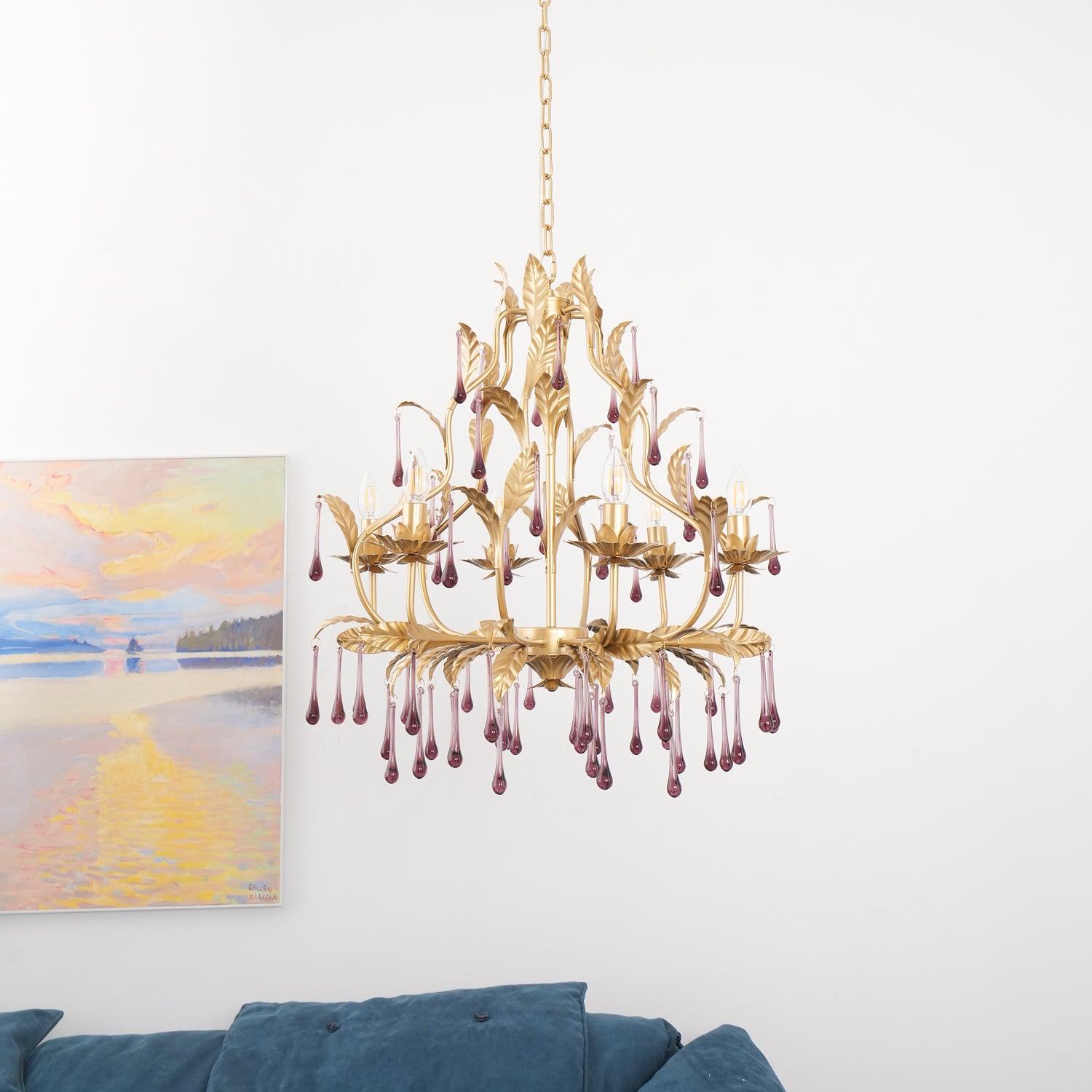Purple Murano Chandelier Gold Leaves Crystal Elegance - Letslighting