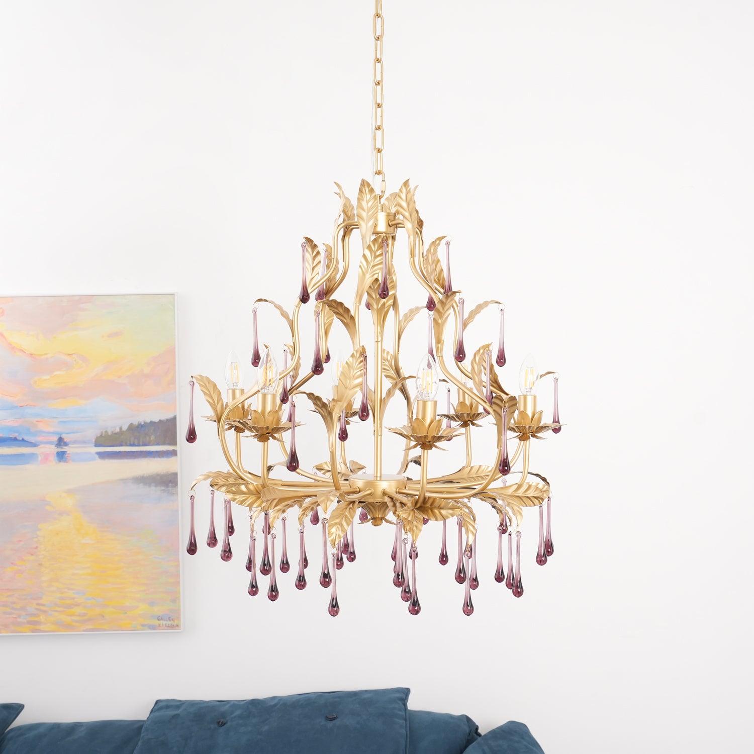 Purple Murano Chandelier Gold Leaves Crystal Elegance - Letslighting