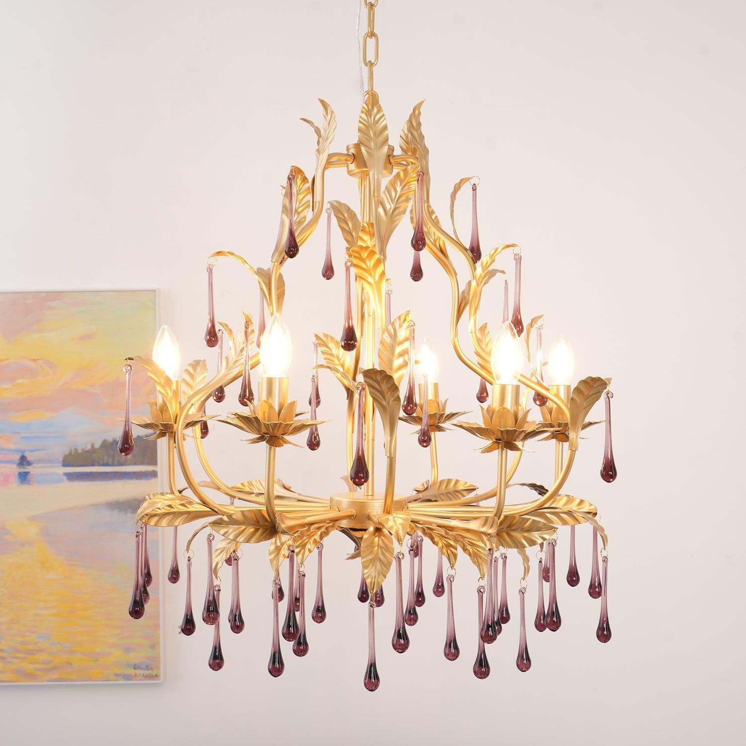 Purple Murano Chandelier Gold Leaves Crystal Elegance - Letslighting