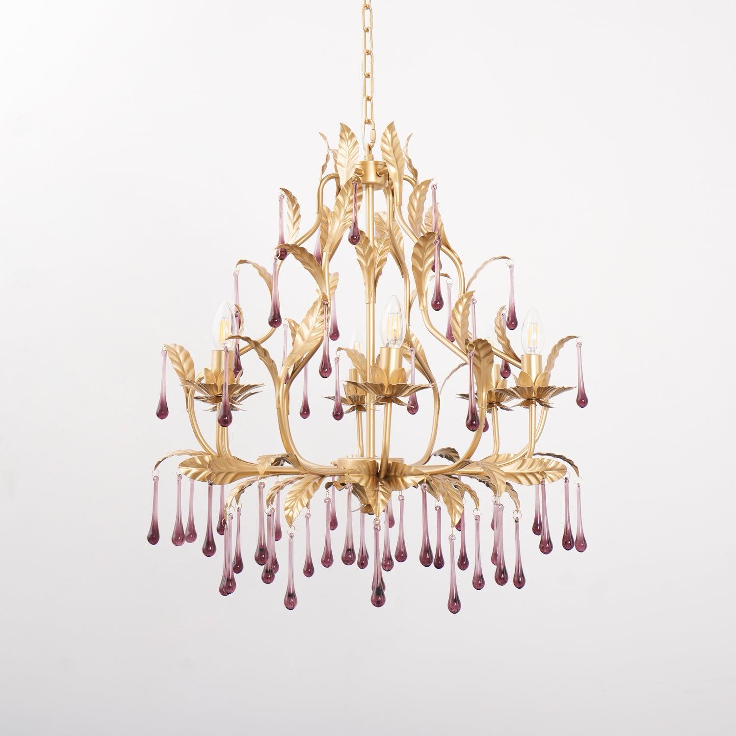 Purple Murano Chandelier Gold Leaves Crystal Elegance - Letslighting