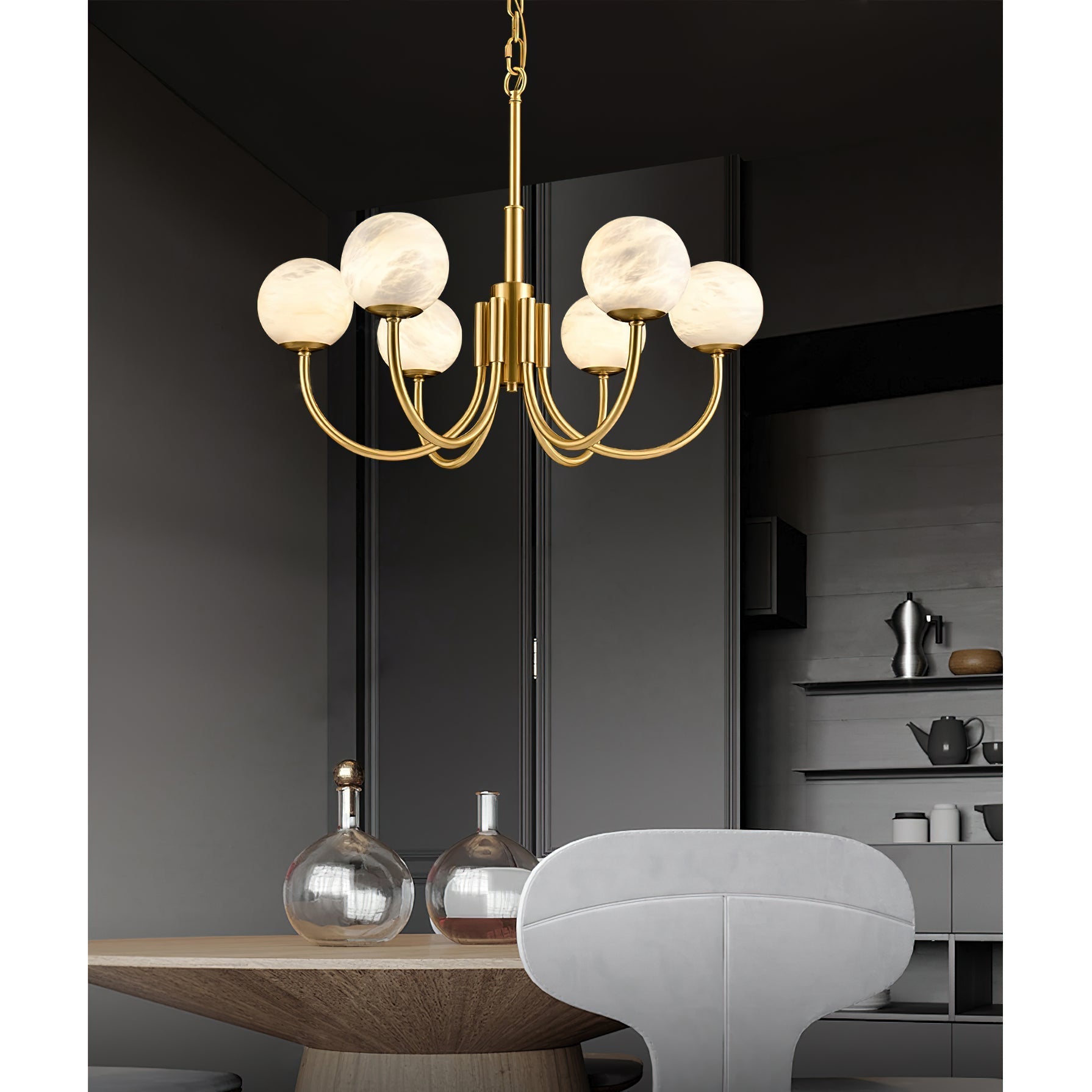 Mjolkuvys Modern Minimalist Globe Brass Alabaster Chandelier - Lamp Copper