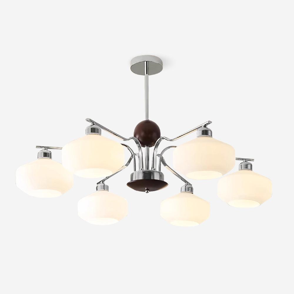 Chandelier White Glass Shades Chrome Walnut Arms Retro - Letslighting