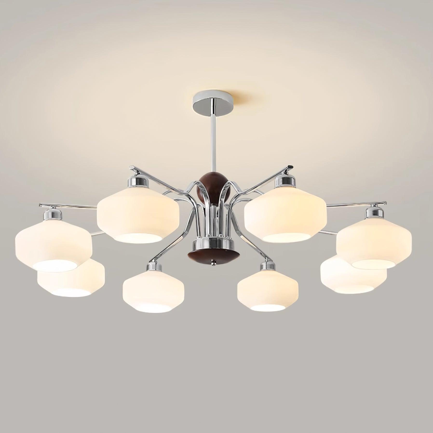 Chandelier White Glass Shades Chrome Walnut Arms Retro - Letslighting