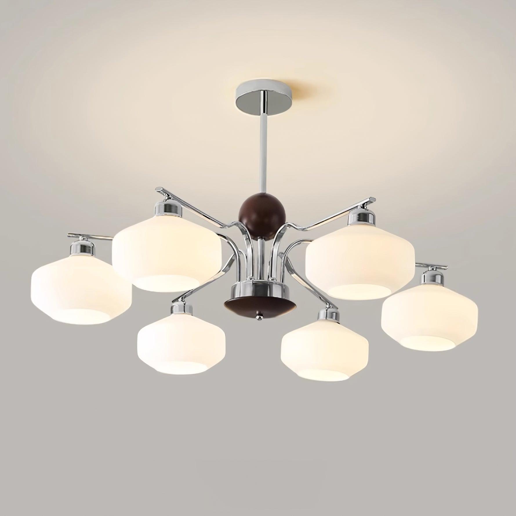 Chandelier White Glass Shades Chrome Walnut Arms Retro - Letslighting