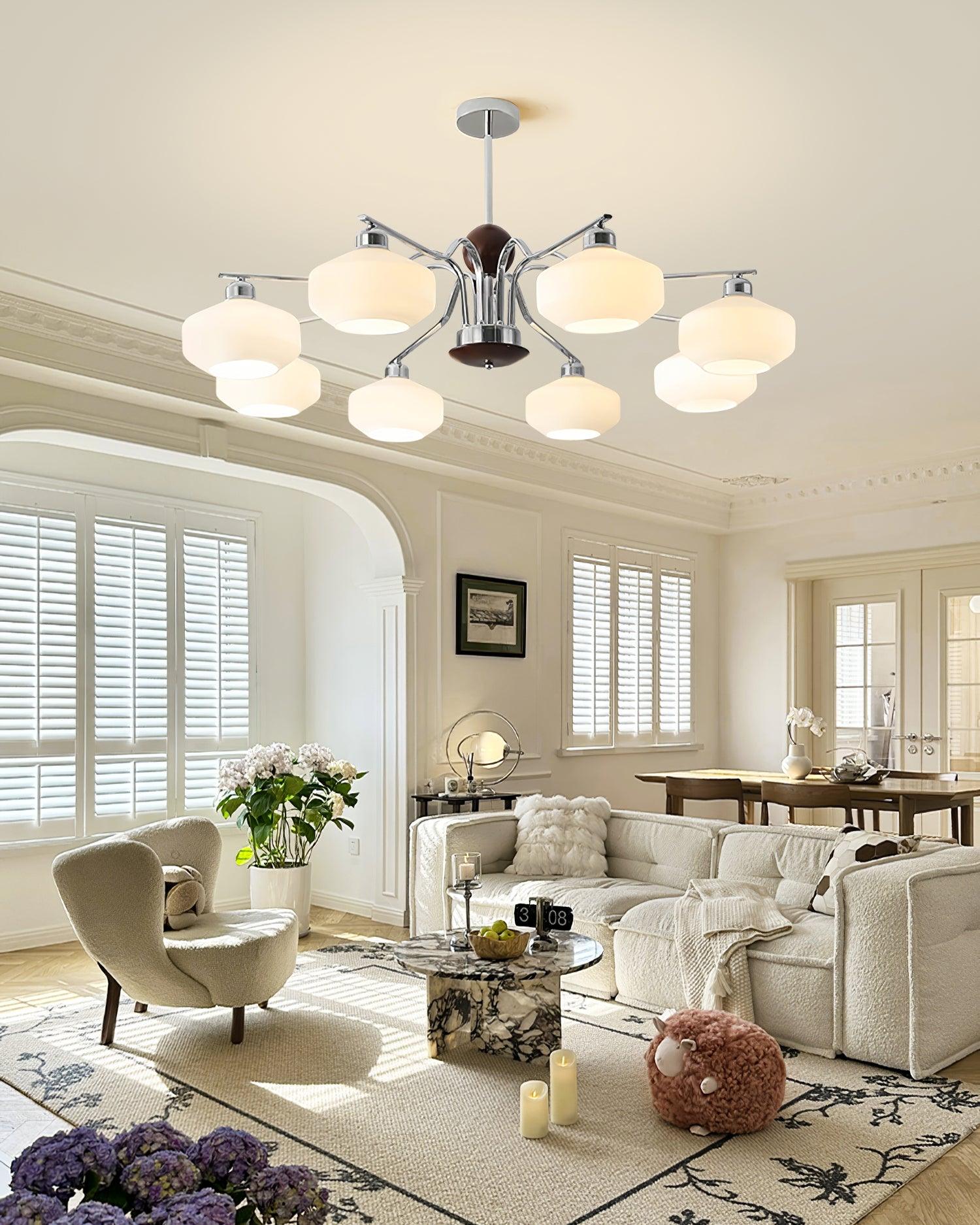 Chandelier White Glass Shades Chrome Walnut Arms Retro - Letslighting
