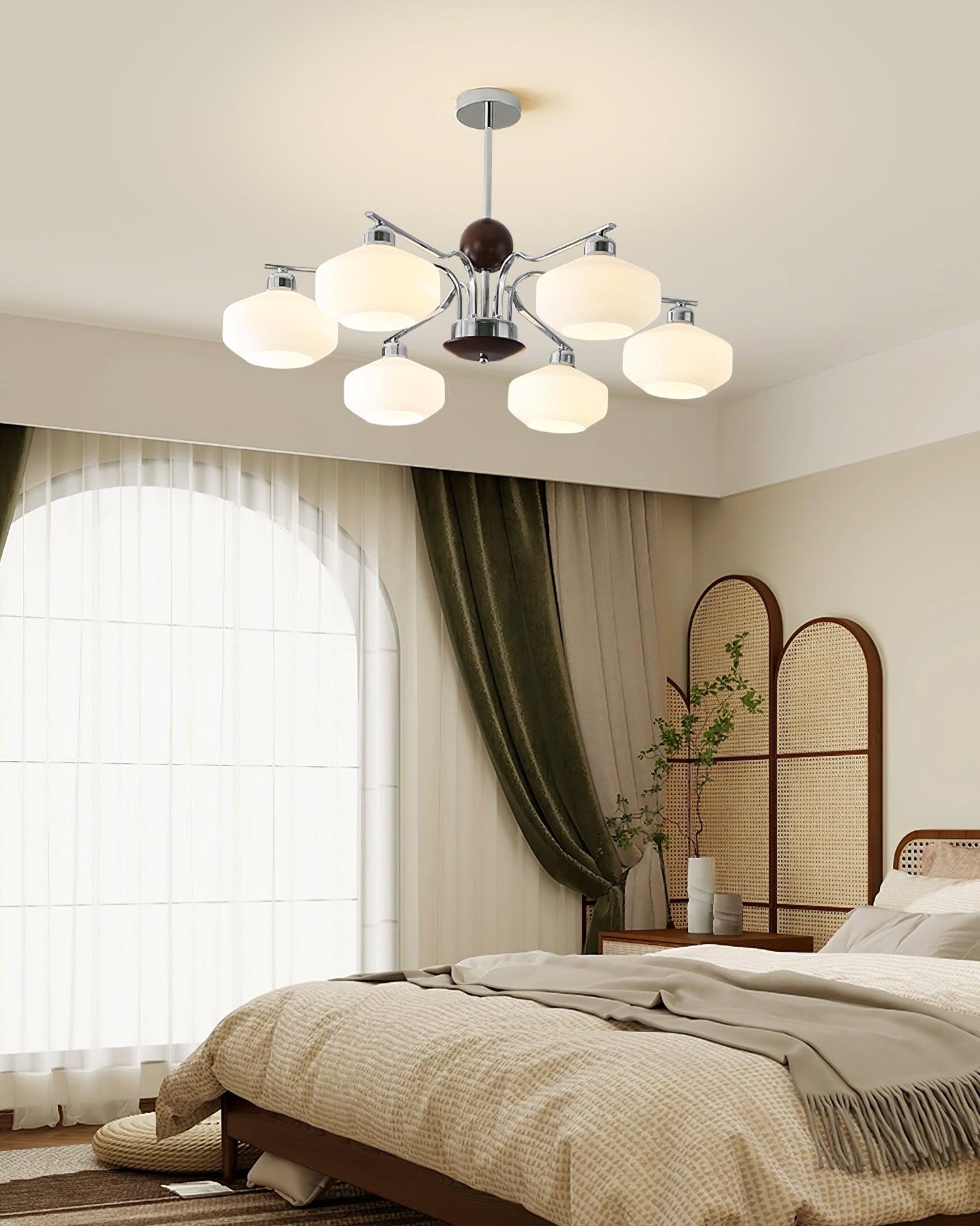 Chandelier White Glass Shades Chrome Walnut Arms Retro - Letslighting