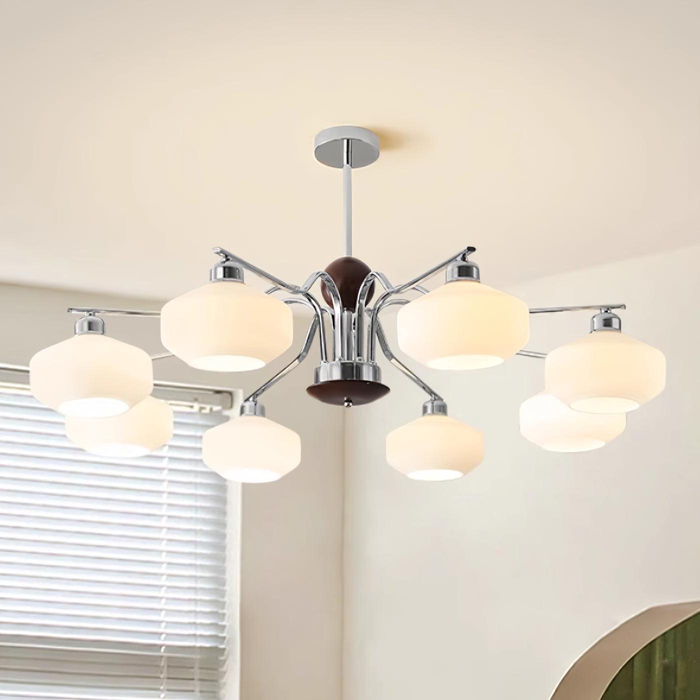 Chandelier White Glass Shades Chrome Walnut Arms Retro - Letslighting