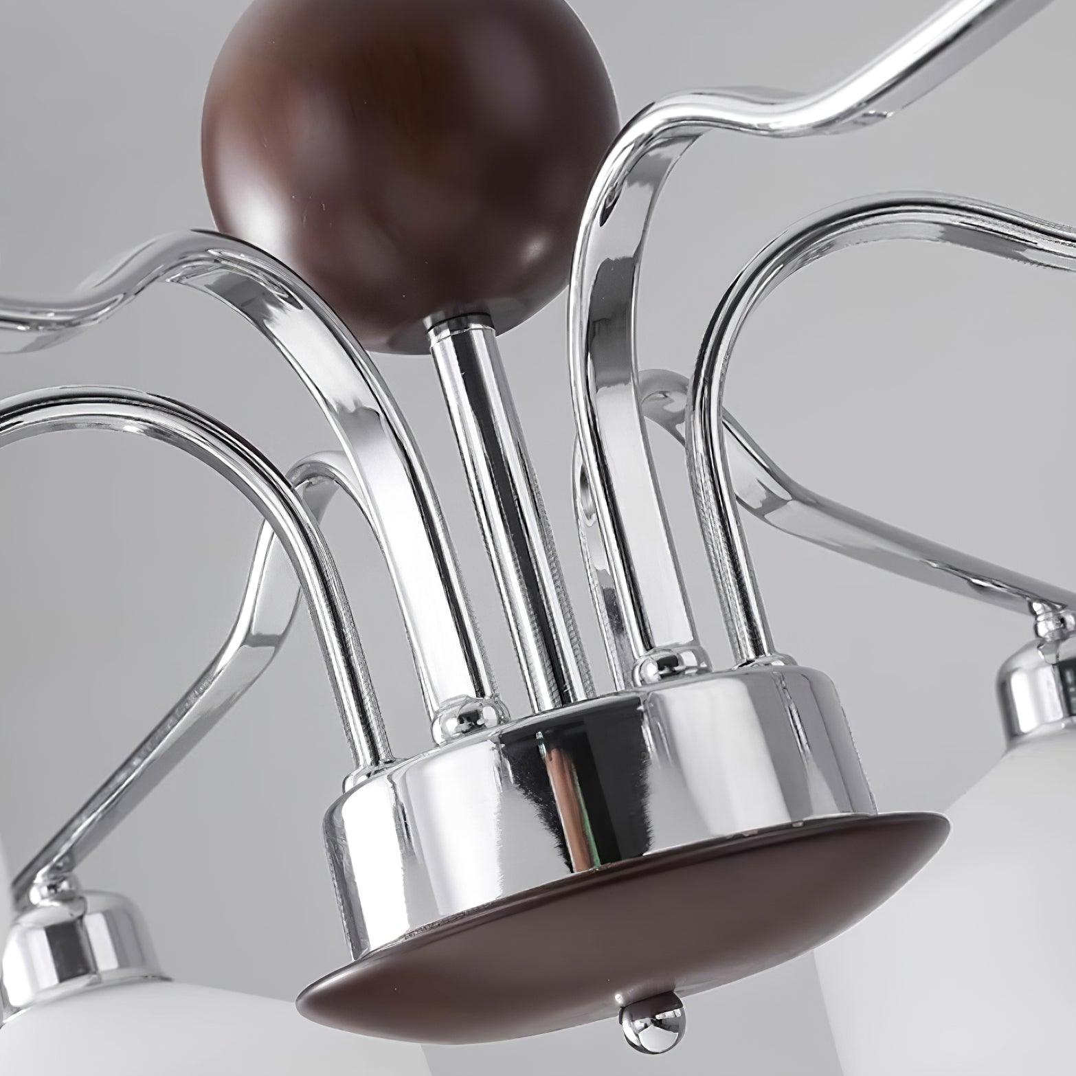Chandelier White Glass Shades Chrome Walnut Arms Retro - Letslighting